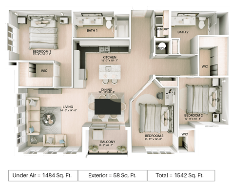Floor plan for 3 beds, 2 baths, 1484 sqft